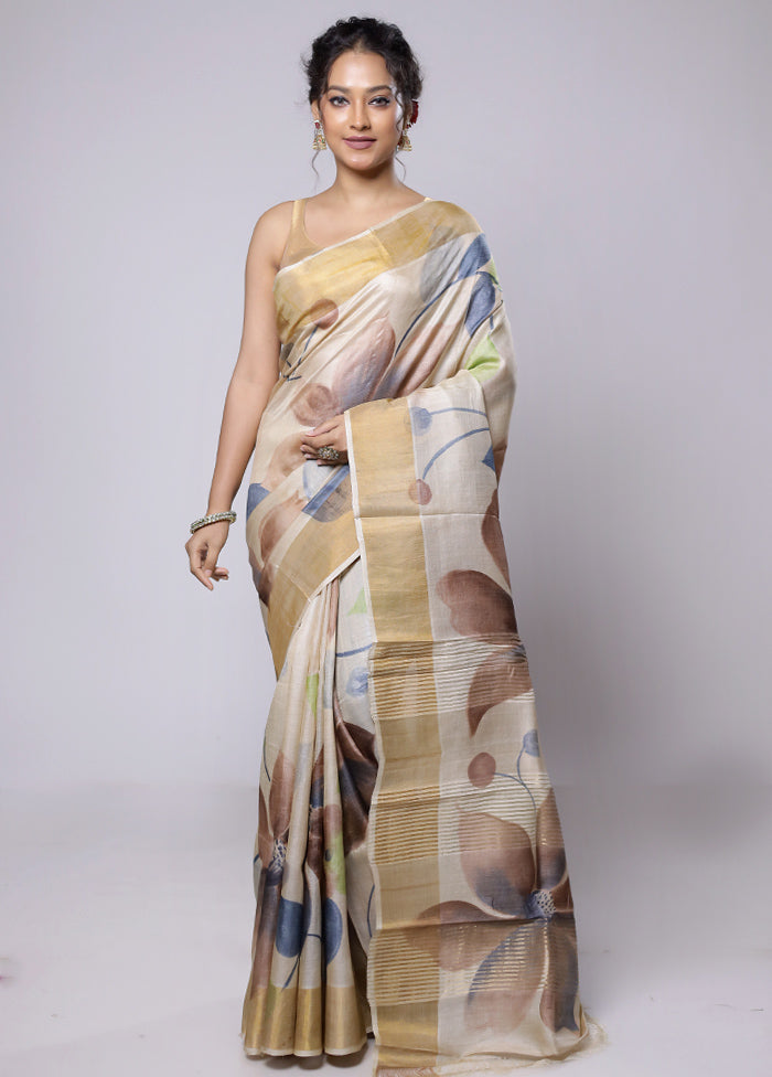 Cream Tussar Silk Saree With Blouse Piece