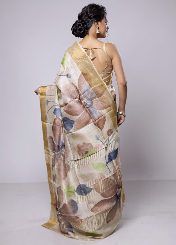 Cream Tussar Silk Saree With Blouse Piece