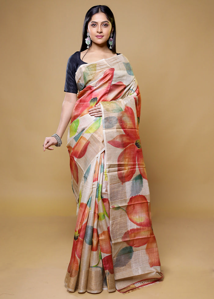 Cream Tussar Silk Saree With Blouse Piece