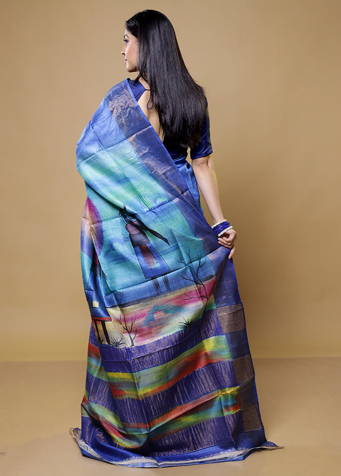 Blue Tussar Silk Saree With Blouse Piece