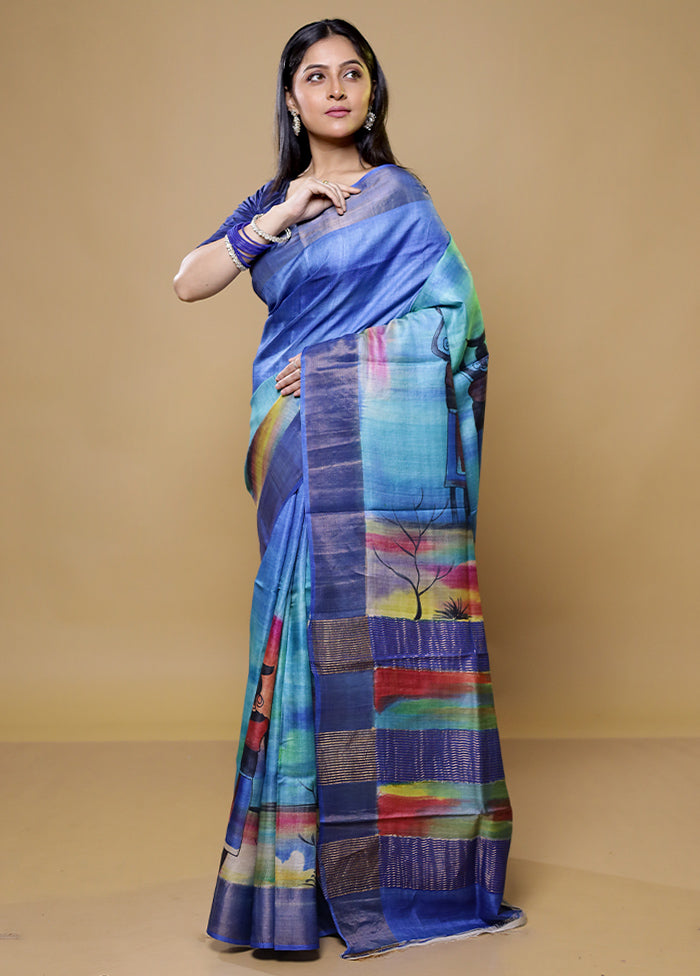 Blue Tussar Silk Saree With Blouse Piece