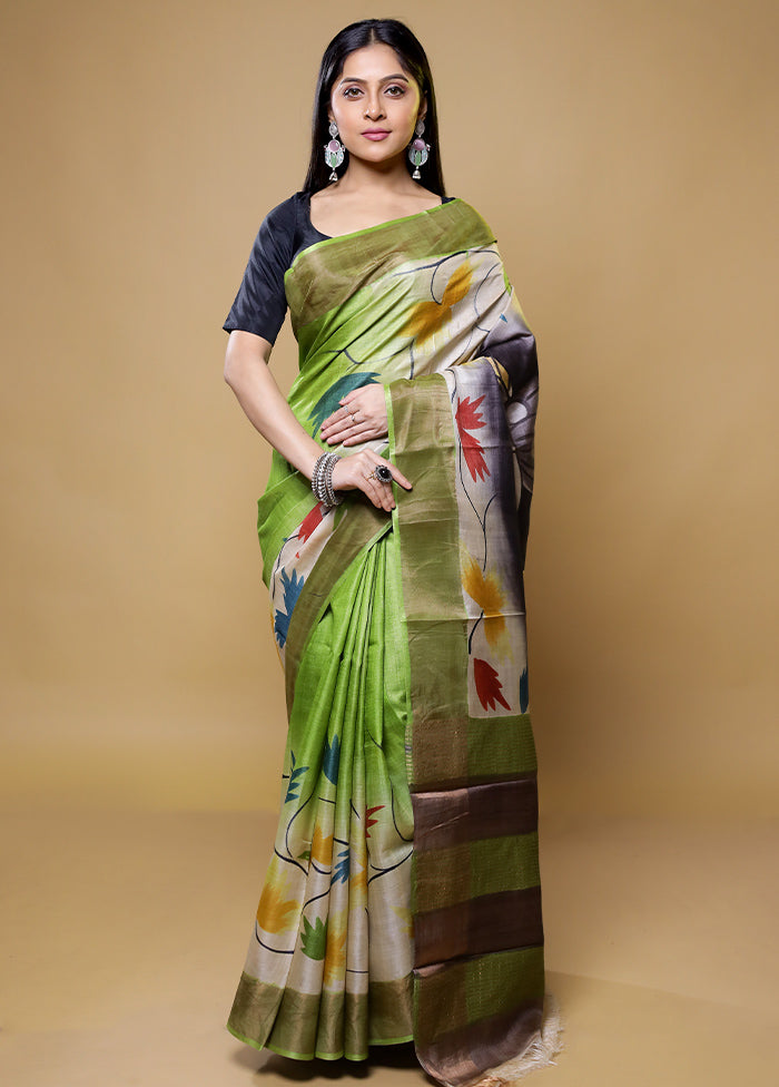 Green Tussar Silk Saree With Blouse Piece