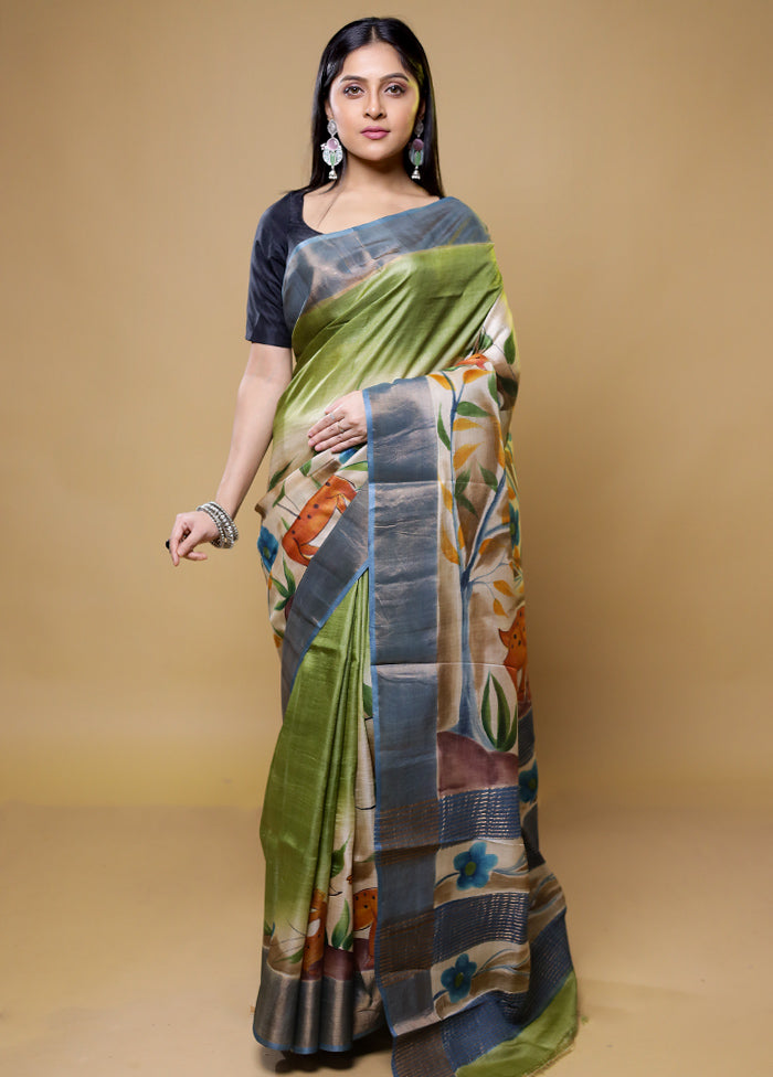 Green Tussar Silk Saree With Blouse Piece