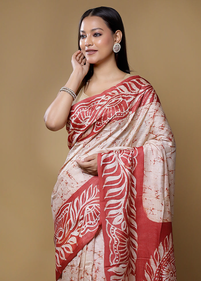 Cream Handloom Tussar Pure Silk Saree With Blouse Piece