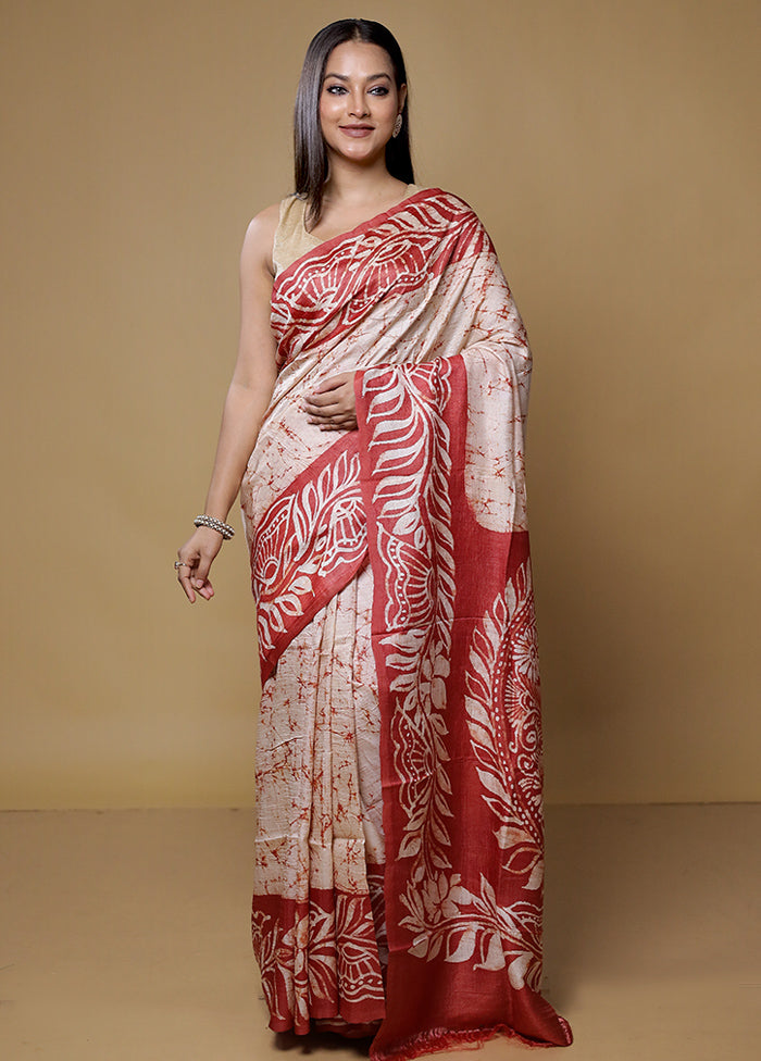 Cream Handloom Tussar Pure Silk Saree With Blouse Piece