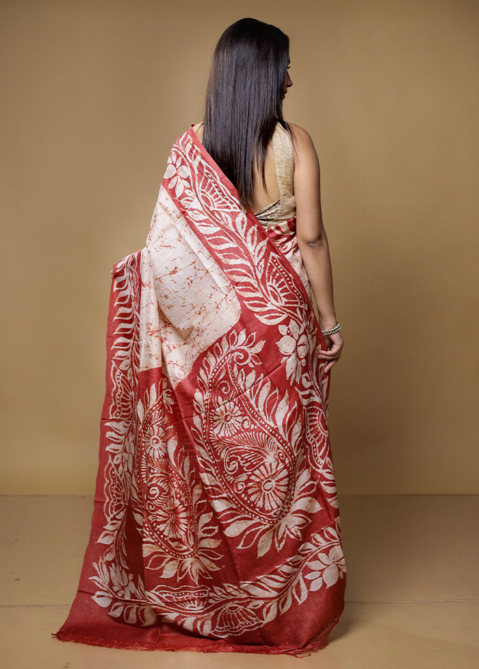 Cream Handloom Tussar Pure Silk Saree With Blouse Piece