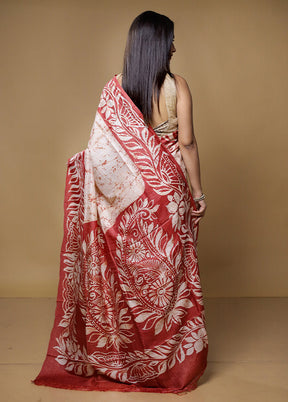 Cream Handloom Tussar Pure Silk Saree With Blouse Piece