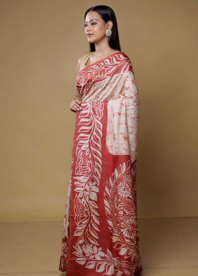 Cream Handloom Tussar Pure Silk Saree With Blouse Piece