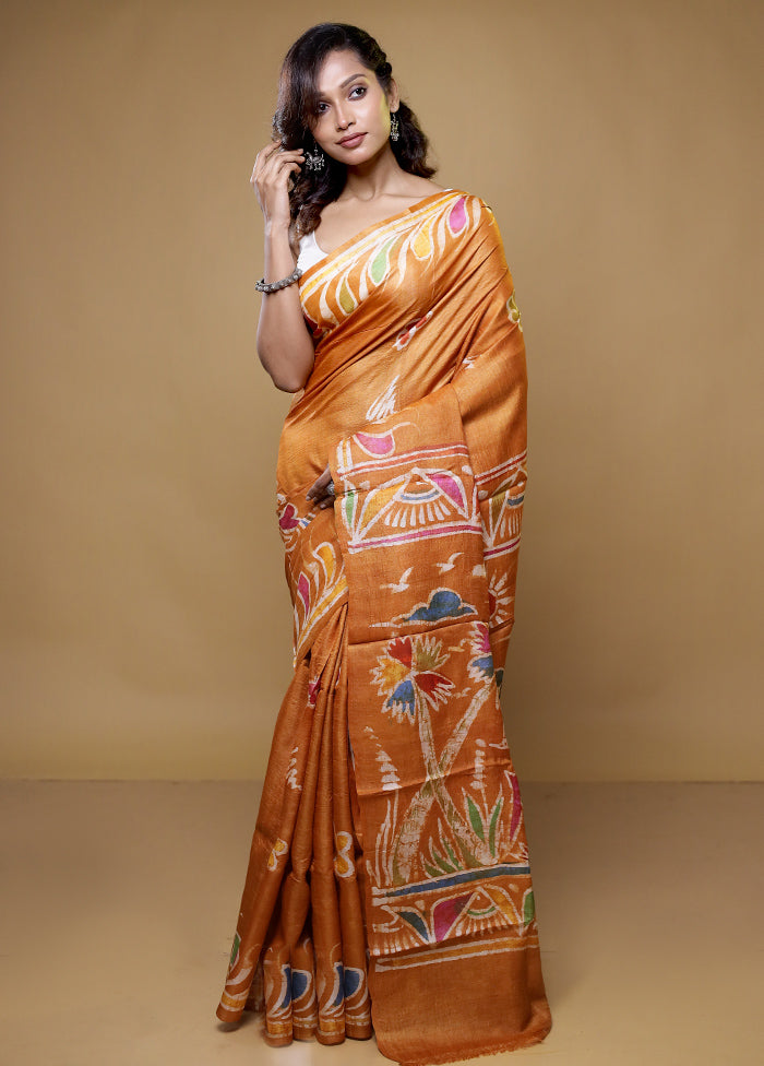 orange Handloom Tussar Pure Silk Saree With Blouse Piece