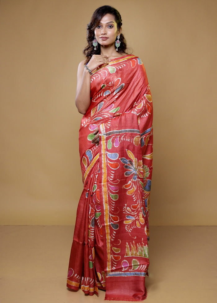 pink Handloom Tussar Pure Silk Saree With Blouse Piece