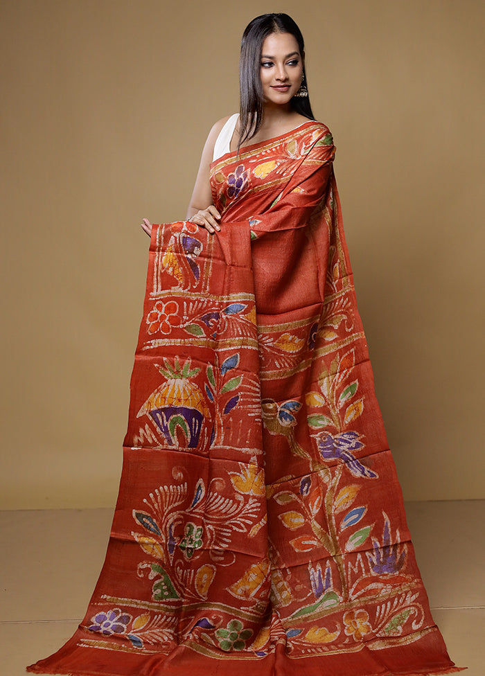 Multicolor Handloom Tussar Pure Silk Saree With Blouse Piece