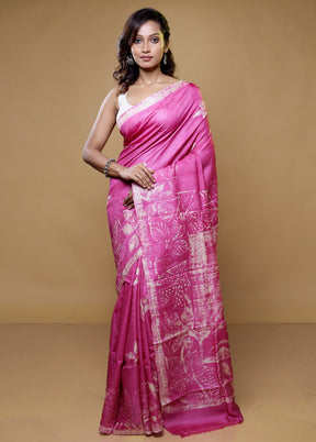 pink Handloom Tussar Pure Silk Saree With Blouse Piece