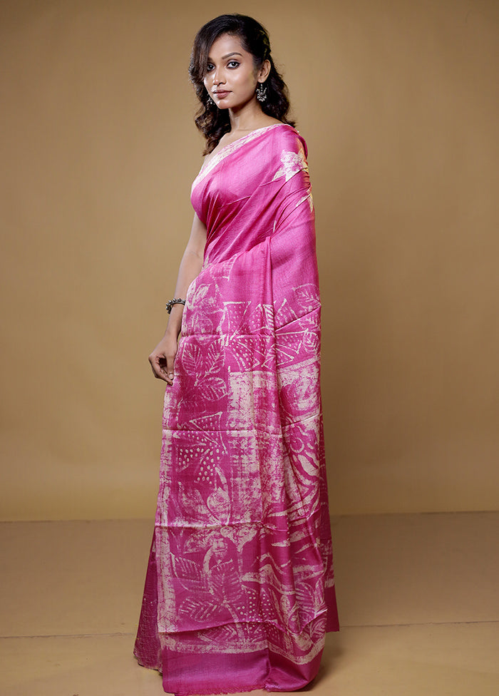 pink Handloom Tussar Pure Silk Saree With Blouse Piece