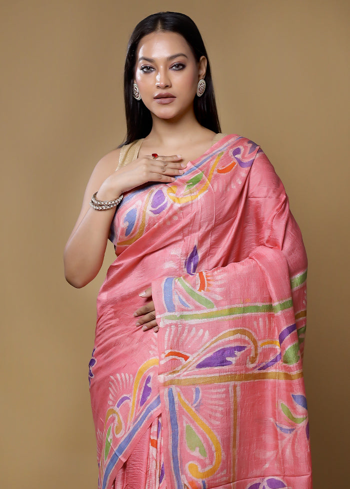 Multicolor Handloom Tussar Pure Silk Saree With Blouse Piece