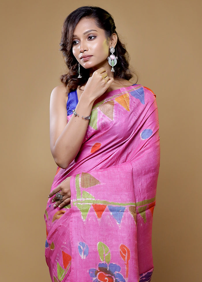 pink Handloom Tussar Pure Silk Saree With Blouse Piece