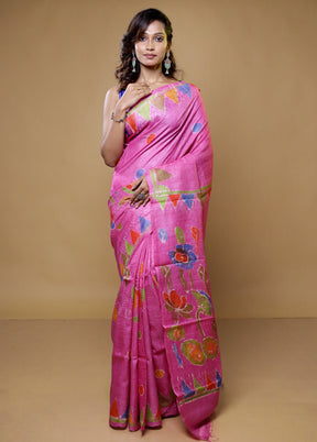 pink Handloom Tussar Pure Silk Saree With Blouse Piece