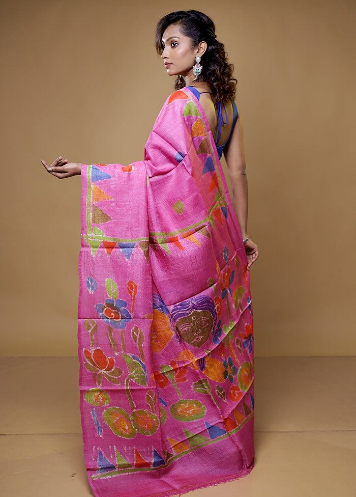 pink Handloom Tussar Pure Silk Saree With Blouse Piece