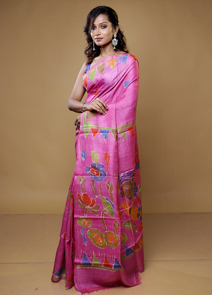 pink Handloom Tussar Pure Silk Saree With Blouse Piece