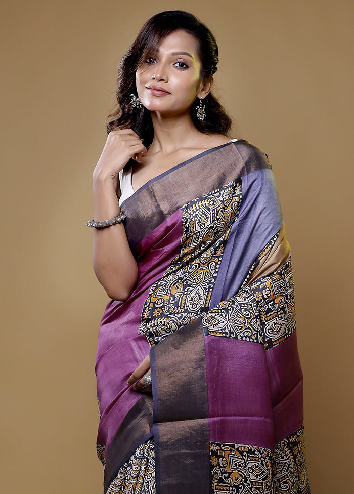 Purple Tussar Silk Saree With Blouse Piece