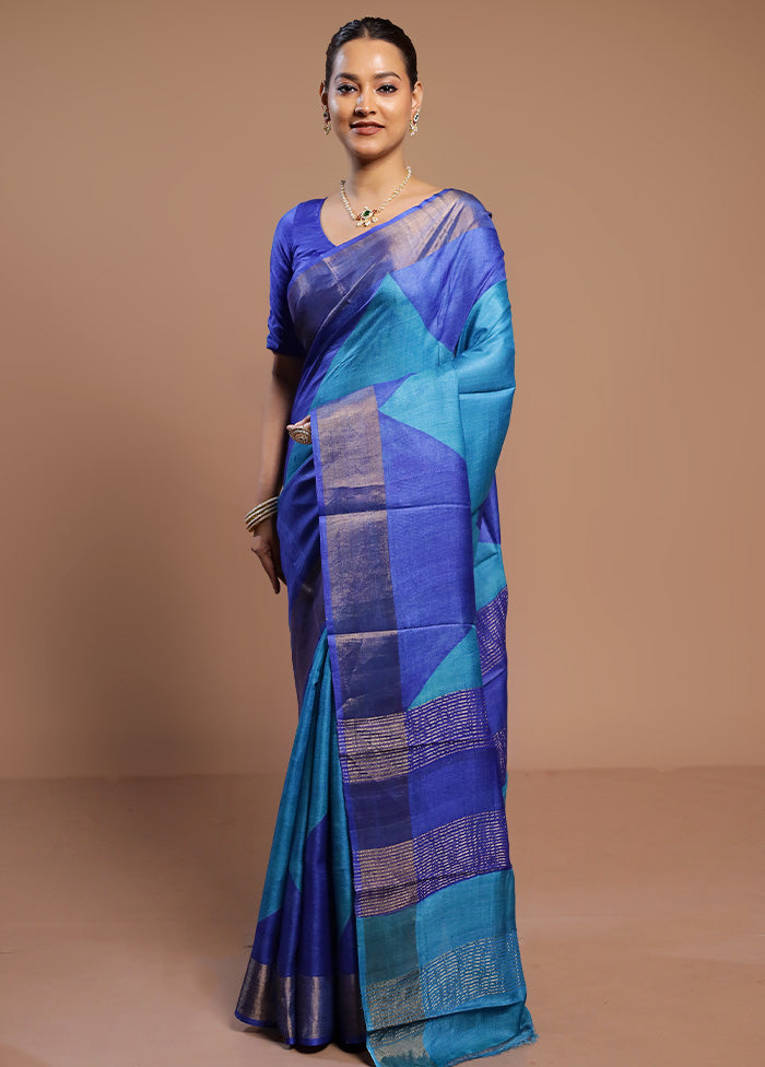 Blue Tussar Silk Saree With Blouse Piece