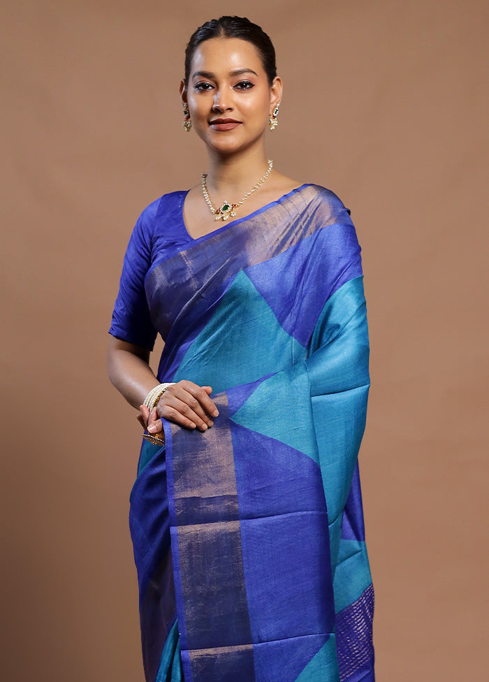 Blue Tussar Silk Saree With Blouse Piece