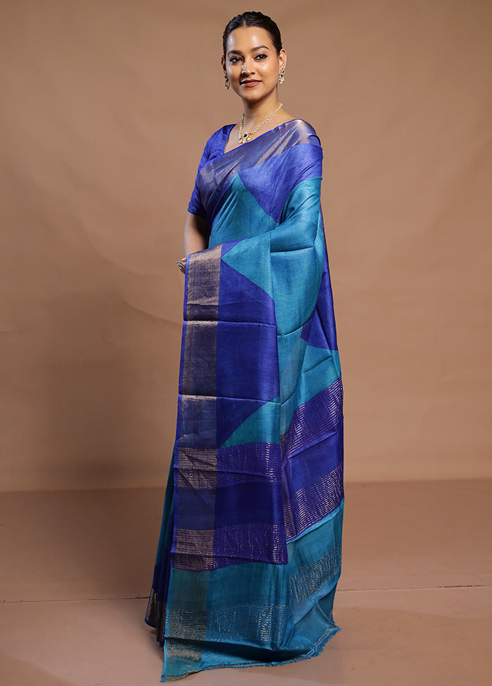 Blue Tussar Silk Saree With Blouse Piece