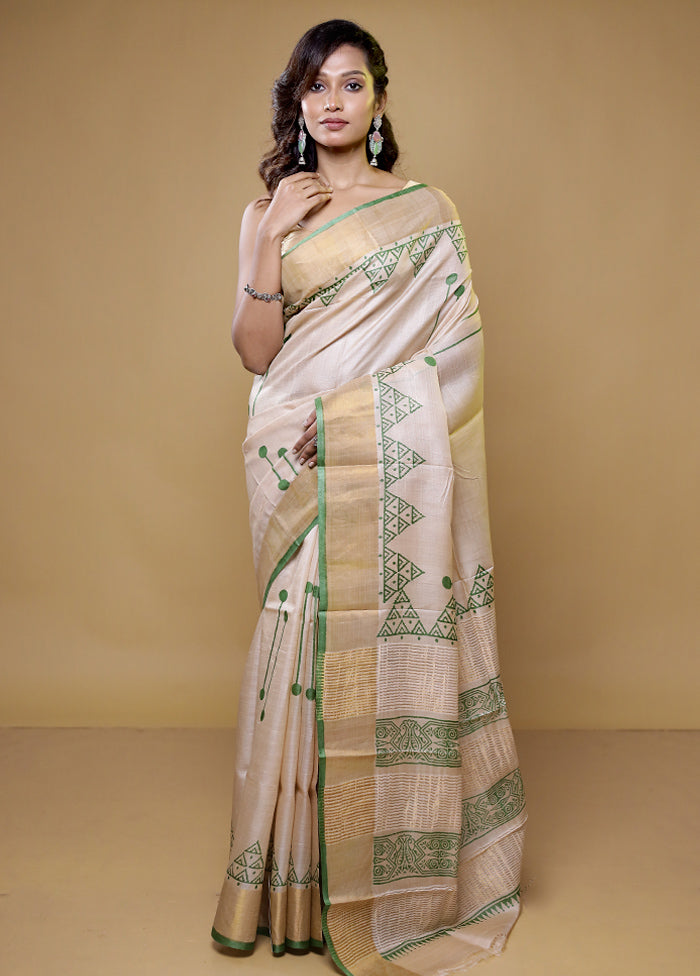 Cream Tussar Silk Saree With Blouse Piece