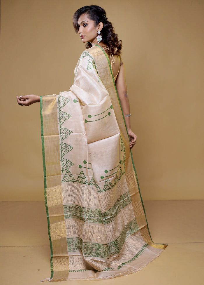 Cream Tussar Silk Saree With Blouse Piece