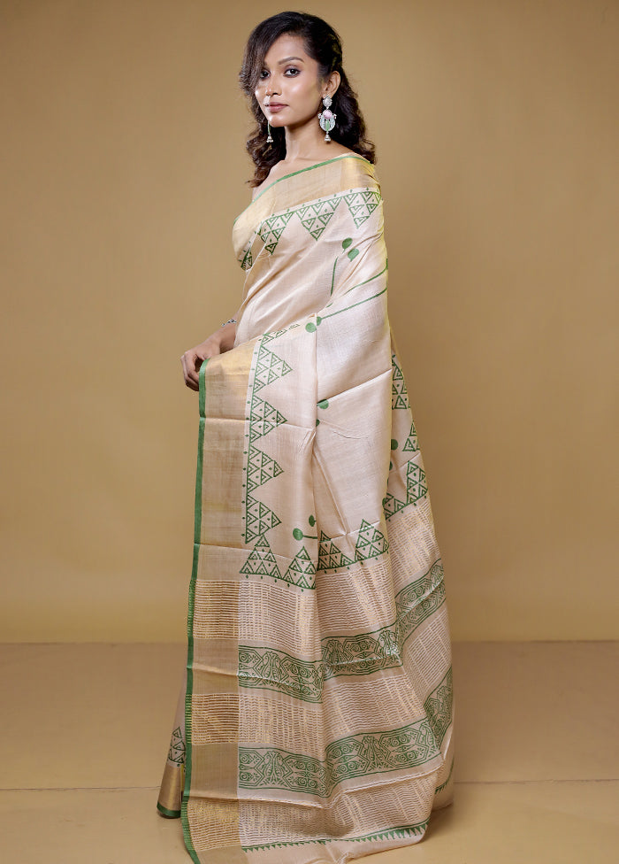 Cream Tussar Silk Saree With Blouse Piece