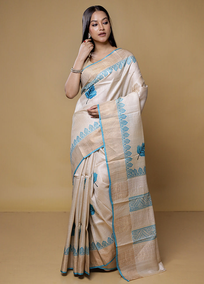 Cream Tussar Silk Saree With Blouse Piece