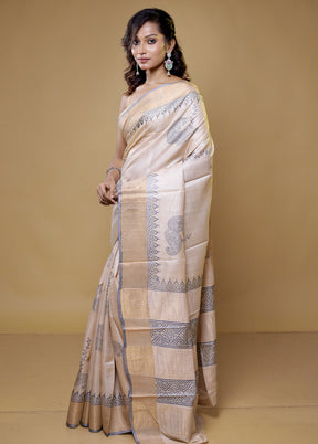 Cream Tussar Silk Saree With Blouse Piece