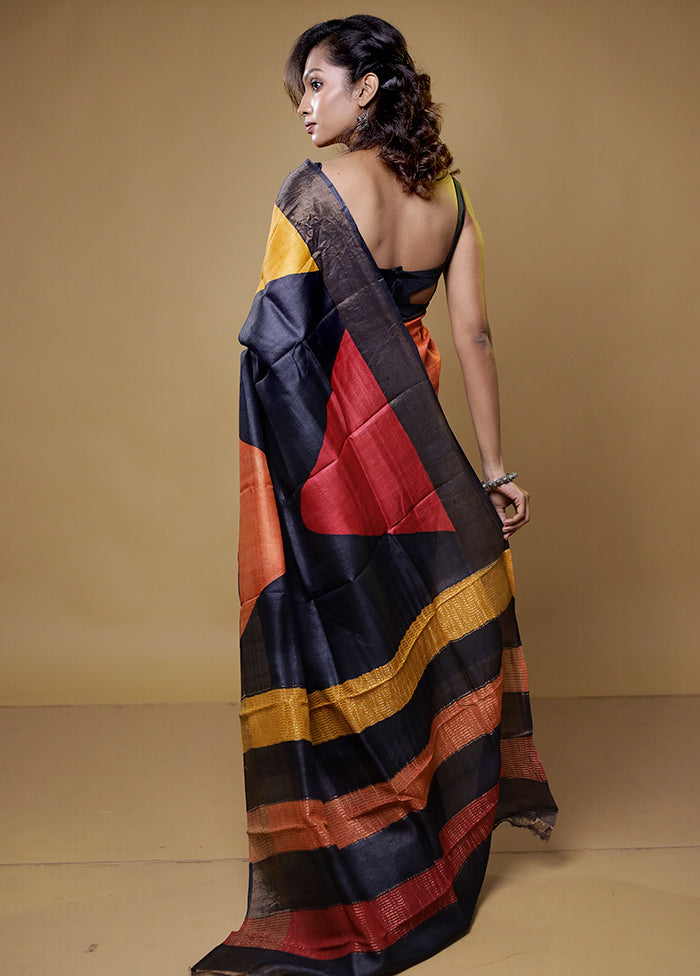 black Tussar Silk Saree With Blouse Piece