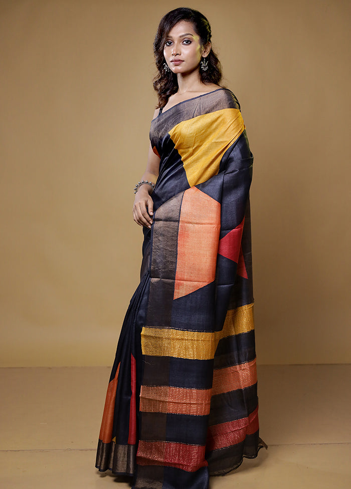 black Tussar Silk Saree With Blouse Piece