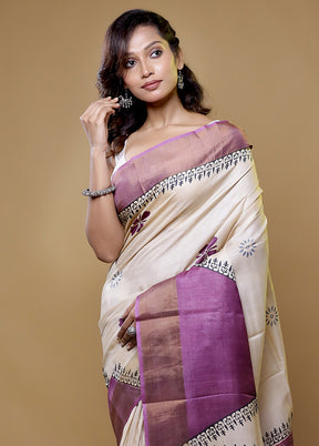 Cream Tussar Silk Saree With Blouse Piece