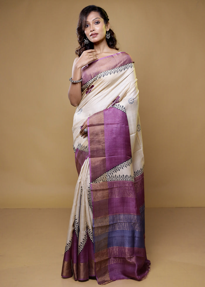 Cream Tussar Silk Saree With Blouse Piece