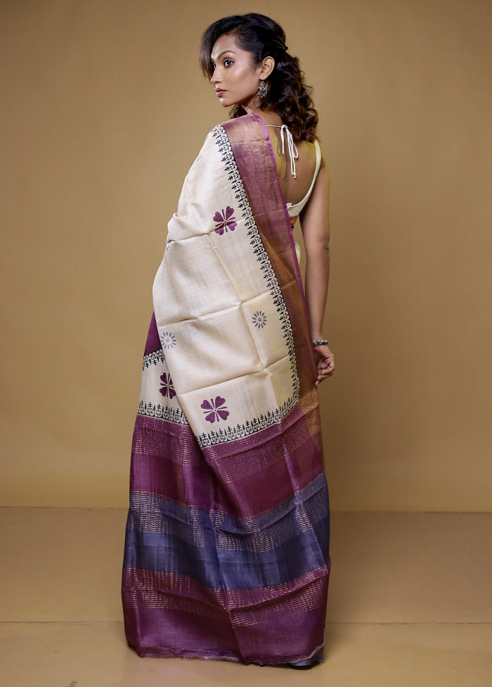 Cream Tussar Silk Saree With Blouse Piece