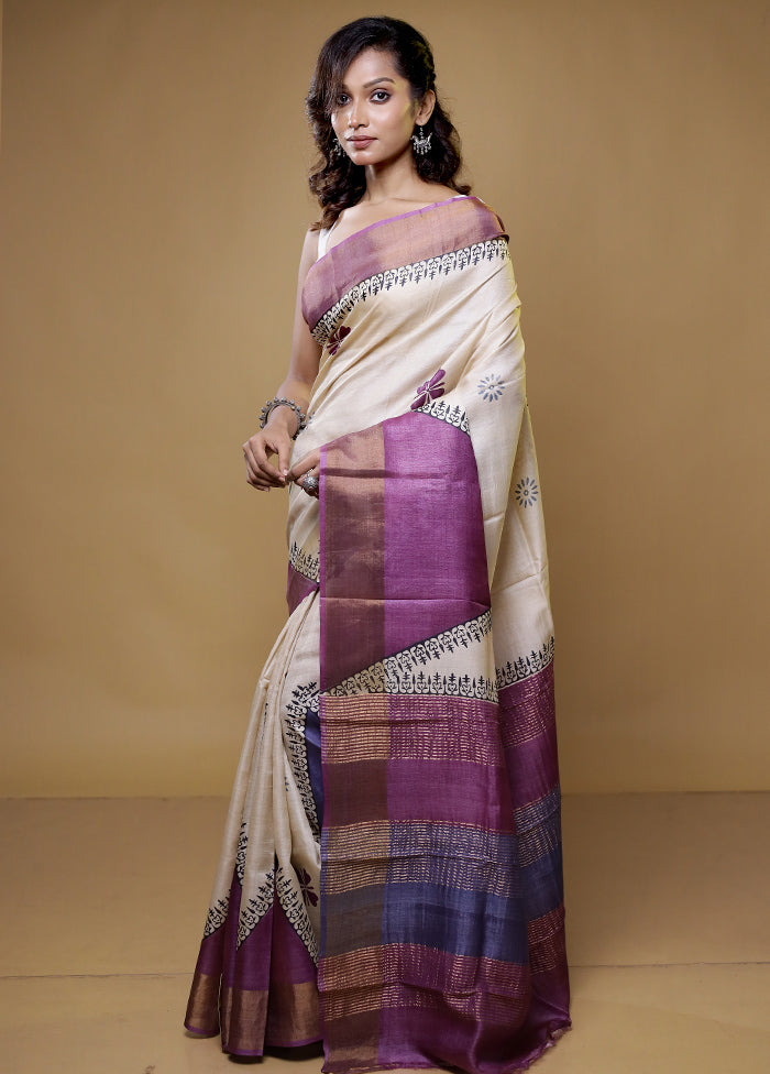 Cream Tussar Silk Saree With Blouse Piece