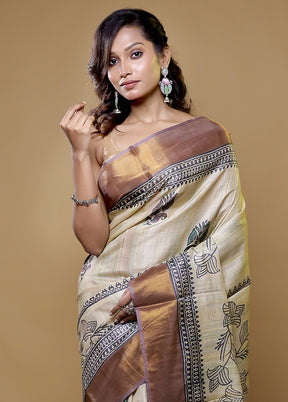 Cream Tussar Silk Saree With Blouse Piece