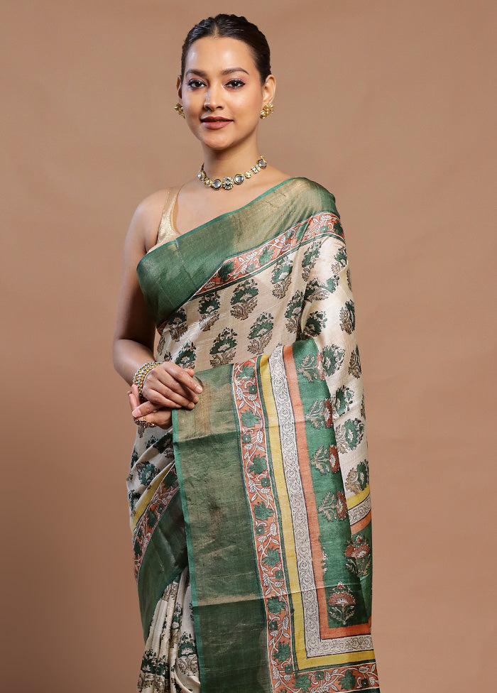 Cream Tussar Silk Saree With Blouse Piece