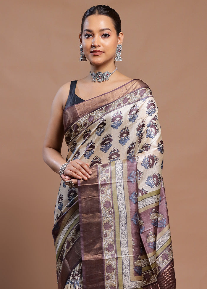 Cream Tussar Silk Saree With Blouse Piece