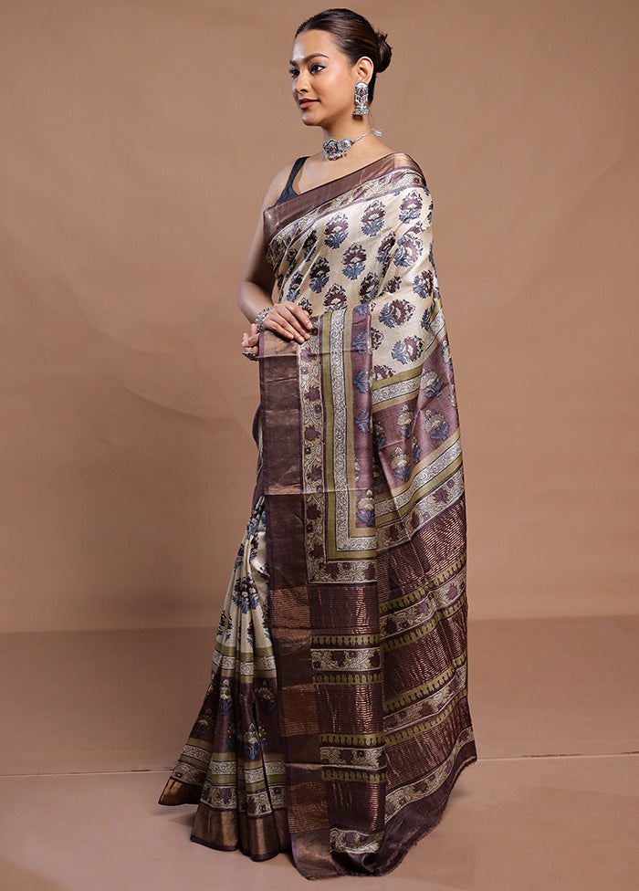 Cream Tussar Silk Saree With Blouse Piece