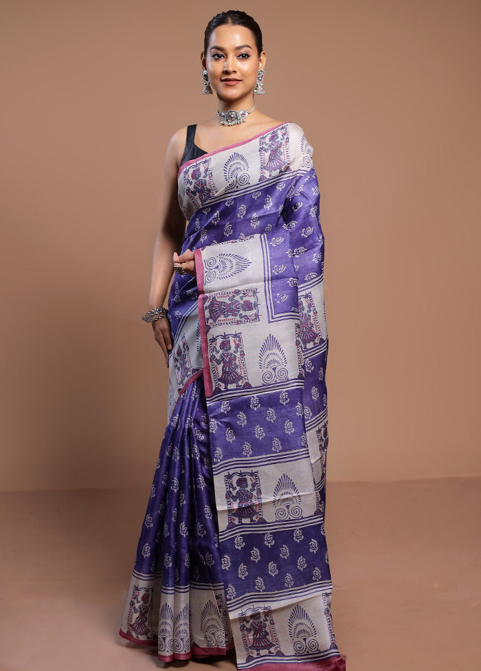 Blue Handloom Tussar Pure Silk Saree With Blouse Piece