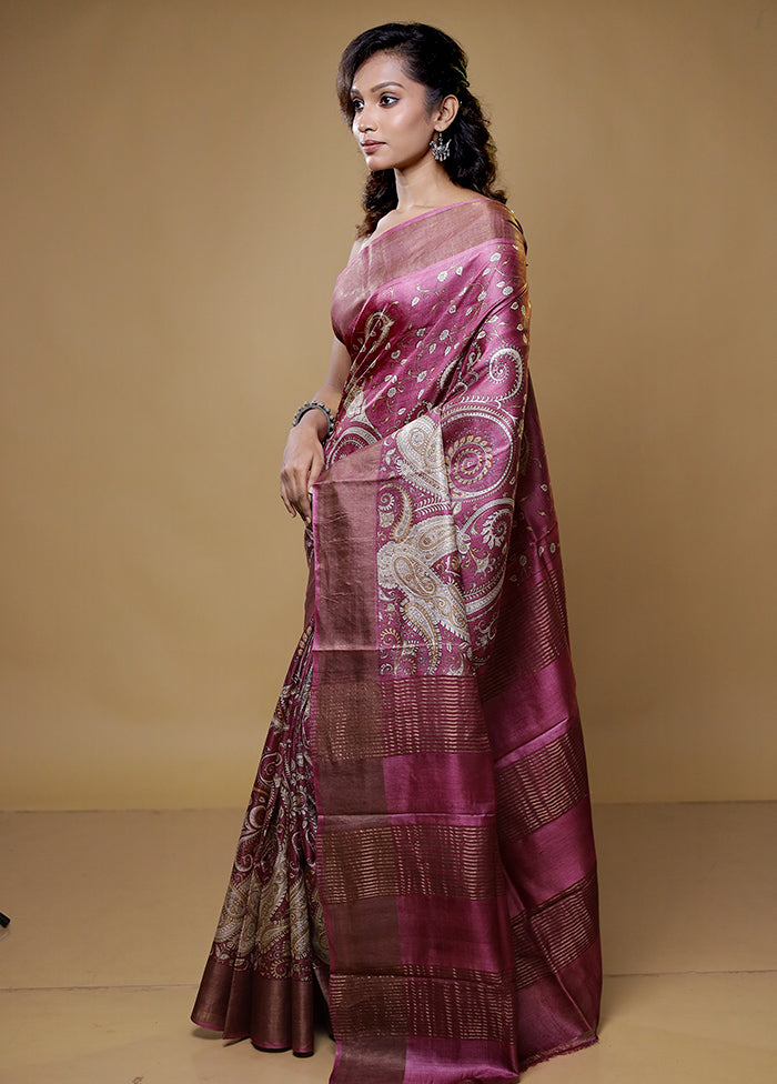 purple Tussar Silk Saree With Blouse Piece