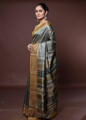 Grey Tussar Silk Saree With Blouse Piece