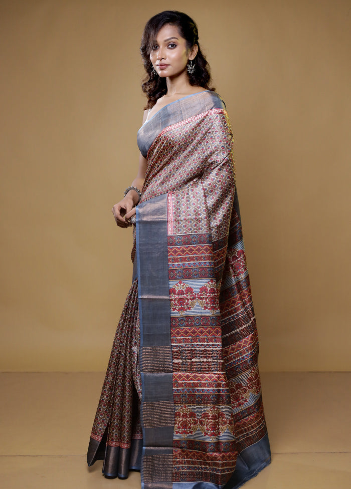 Grey Tussar Silk Saree With Blouse Piece