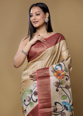 Cream Tussar Silk Saree With Blouse Piece