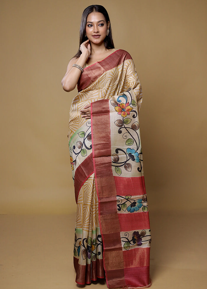 Cream Tussar Silk Saree With Blouse Piece