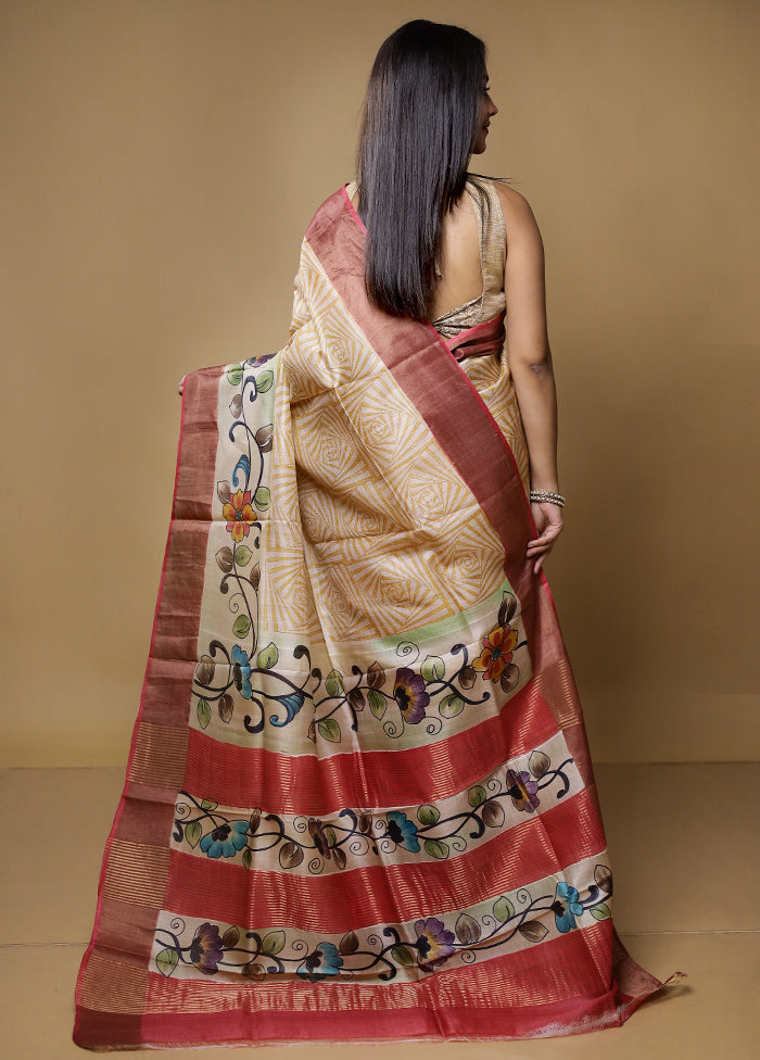 Cream Tussar Silk Saree With Blouse Piece