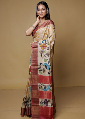 Cream Tussar Silk Saree With Blouse Piece