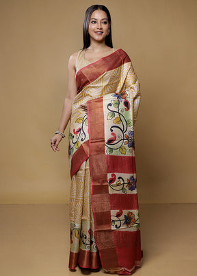 Cream Tussar Silk Saree With Blouse Piece